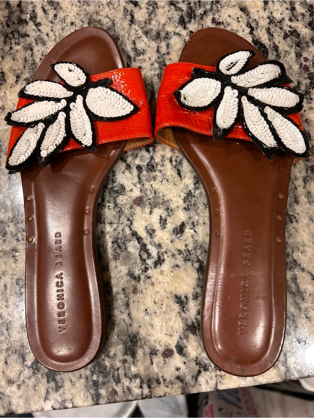 Veronica Beard Orange Slide Sandals with White Floral Beading